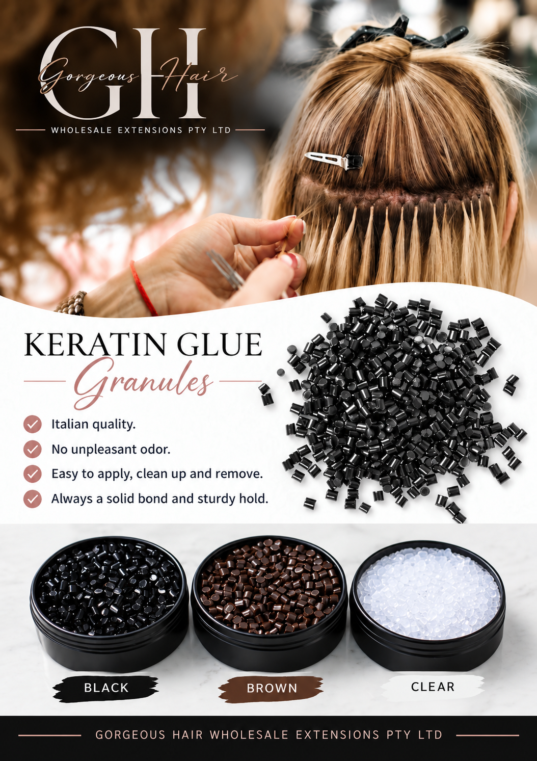 GHWE ITALIAN KERATIN GLUE/GRA NULES 100GM CLEAR/BROWN & BLACK